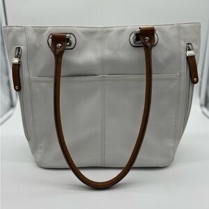 Tignanello White Leather Tote Brown Handles Triple Compartment Bag